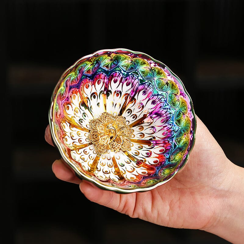 ✨ Golden Peacock Jian Zhan Teacup 🦚 | Iridescent Kiln-Changing Beauty 🔥
